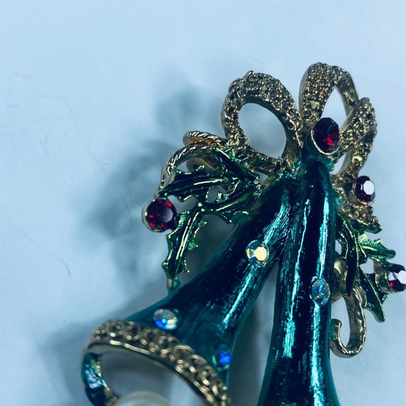 Long Two Bell Christmas Holiday Brooch Pin Holly Faux Pearls Rhinestone Bows - Picture 14 of 16